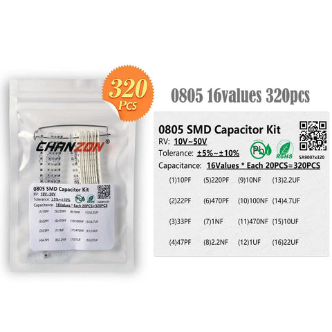 Image of 320 Piece 0805 SMD Capacitor Kit With 16 Values From 10pF To 22uF 10V To 50V For Electronics DIY Projects, PCB Repair, and more