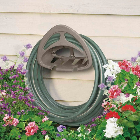 Two Pack Hangout Hose Holder With Built In Shelf For Outdoor Wall Mount Storage Durable Resin Hose Reel Designed For 150 Foot Hoses Taupe Weather Resistant Garden Must Have Organizer on fence