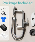 MIAOHUI Chrome Kitchen Faucet with Glass Rinser, 4 Modes components package including hoses and installation tools.