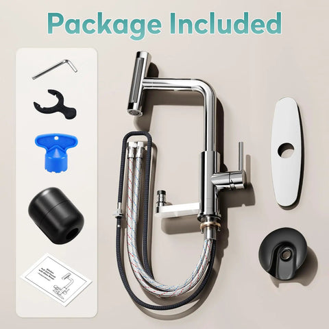 MIAOHUI Chrome Kitchen Faucet with Glass Rinser, 4 Modes components package including hoses and installation tools.
