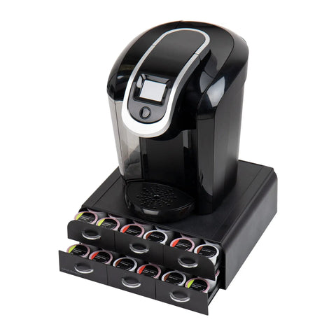 72 Pod Coffee Drawer Organizer with Two Tier Storage for Single Serve Pods, black, with coffee machine on top, 72 pods in drawers
