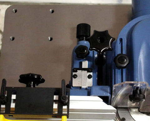 Close-up of adjustment knobs on Beefy 3HP Single Phase Woodworking Shaper With Cast Iron Table Full Cabinet Stand On Wheels And Locks