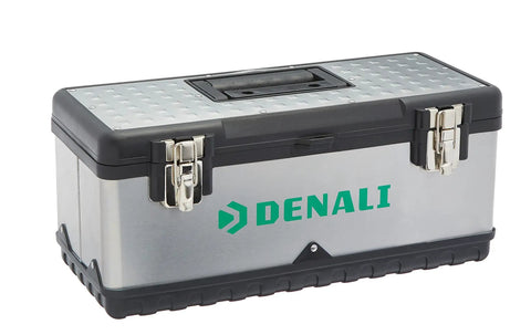 Heavy Duty Steel Tool Box With Metal Latches, Removable Tray With Compartments, 20 Inch Black Storage Chest For Garage And Workshop