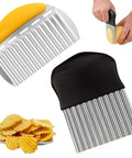 Two-piece crinkle cutter set for vegetables and waffle fries; metal blades with ergonomic yellow and black handles.