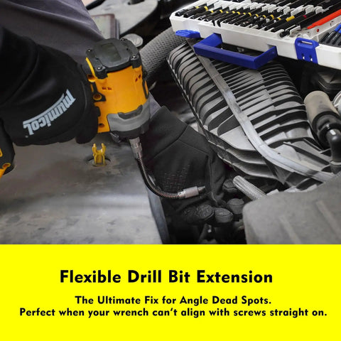 Magnetic Impact Nut Driver Set With SAE And Metric Deep Sockets used with flexible drill bit extension in engine bay.