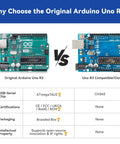 Comparison of Original Arduino Uno R3 vs Uno R3 Clone in the Inventor Lab Starter Kit With Arduino Uno R3 Multimeter 34 Projects.