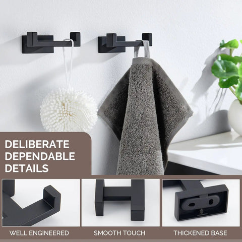 Matte Black Stainless Steel Double Towel Hooks For Wall Mount displaying towel and sponge; SUS304, space-saving, fast drying.