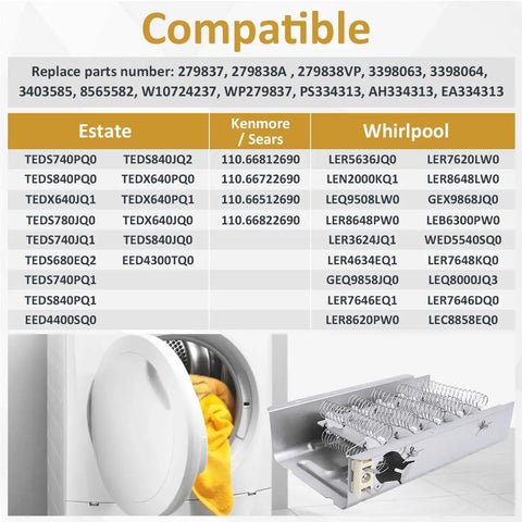 Heavy Duty Dryer Heating Element Replacement 279838 Fits Whirlpool Kenmore Roper Maytag Amana Admiral Medx655dw1 500 600 70 80 Series Model 110 Dryers Easy Install And Reliable Heat compatibility chart with dryer image