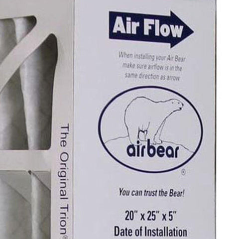 Close-up of Air Bear 20 x 25 x 5 Inch MERV 8 High Performance Air Purifier Filter Replacement packaging with air flow instructions.