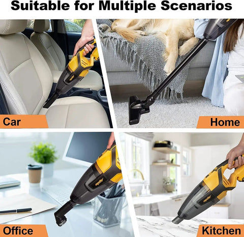 Cordless Handheld Vacuum Cleaner for Home and Car, 8000Pa Powerful Suction, 120W Motor being used in car and home settings