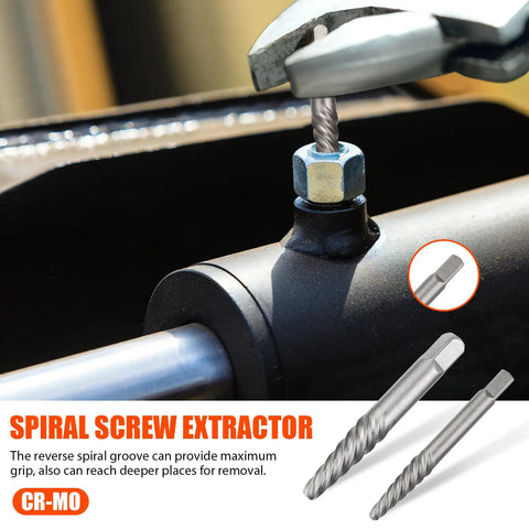 Damaged Screw Extractor Set With Left Hand Drill Bits for Easy Out Removing Broken Bolts and Nuts, close-up of extractor in use