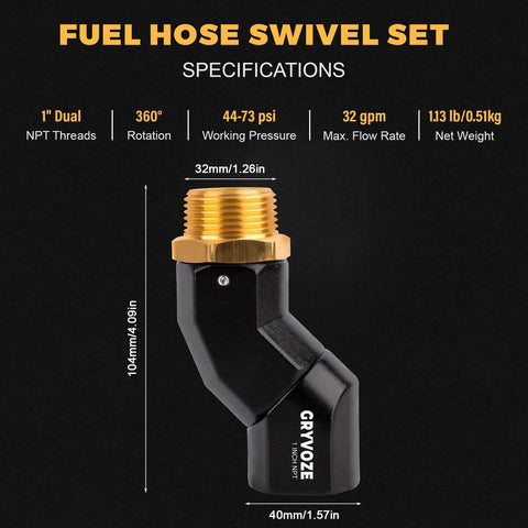 Dual Rotary 1 Inch NPT Fuel Hose Swivel for Quick Fuel Transfers 360 Degree Rotation at Both Ends Fits Pumps and Nozzles 2 Pack with Easy Angle Adjustment for Faster Mess Free Fueling, black and brass swivel