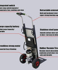 Heavy Duty Electric Stair Climber Cart With Removable Battery Powers Through Heavy Loads Like Copiers And Kegs To Save Time And Backs During Industrial Work, showcasing integrated switch and stainless steel panel.