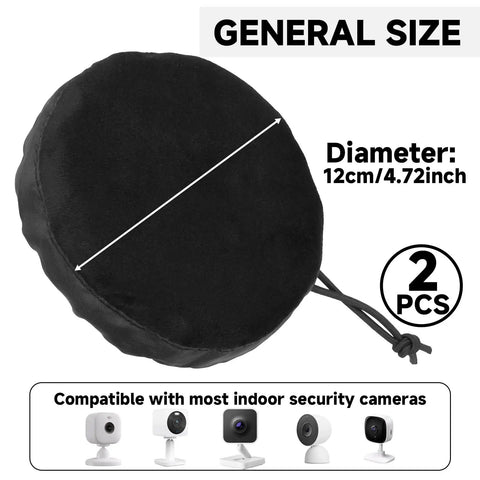 Indoor Webcam Privacy Cover With Drawstring For Blink Mini 2 TP Link Tapo C100 Roku WDR Wyze Cam OG Google 2025 Model WiFi 6 Ready Black 1 Pack shown with diameter measurement and compatible cameras.