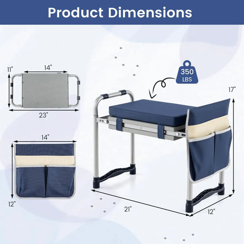 Two In One Garden Kneeler And Seat Grab And Go Foldable With Extra Wide EVA Kneeling Pad 350 lb capacity blue with tool pouch.
