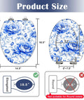 Elongated Blue Peony Floral Chinoiserie Elegant Porcelain Toilet Seat dimensions with sizing details and fit guide.