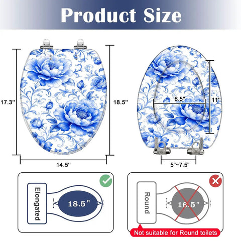 Elongated Blue Peony Floral Chinoiserie Elegant Porcelain Toilet Seat dimensions with sizing details and fit guide.