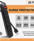 Six Outlet Surge Protector Power Strip with 25 Foot Extension Cord Black Built Tough ETL Listed UL Standard 350 Joules
