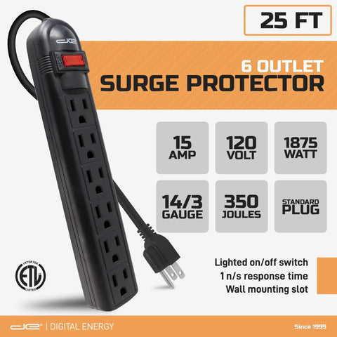Six Outlet Surge Protector Power Strip with 25 Foot Extension Cord Black Built Tough ETL Listed UL Standard 350 Joules