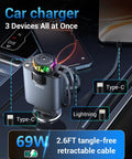 Ride Ready Sick Flex Retractable 5 In 1 Car Charger Adapter 69W with three outputs and colorful design for easy charging.