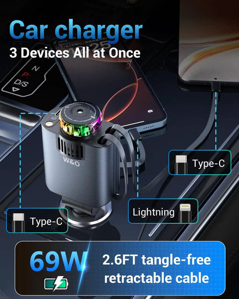 Ride Ready Sick Flex Retractable 5 In 1 Car Charger Adapter 69W with three outputs and colorful design for easy charging.