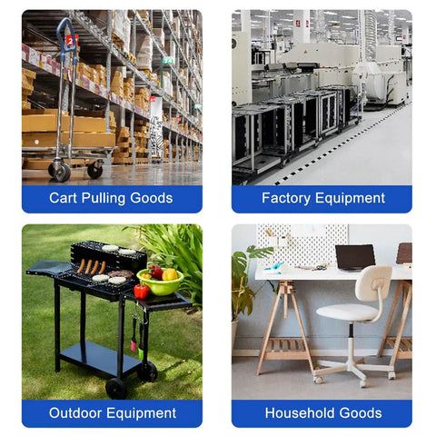 Industrial and household scenes showcasing uses for heavy duty swivel caster wheels with brakes PU castors M threaded stem 360.