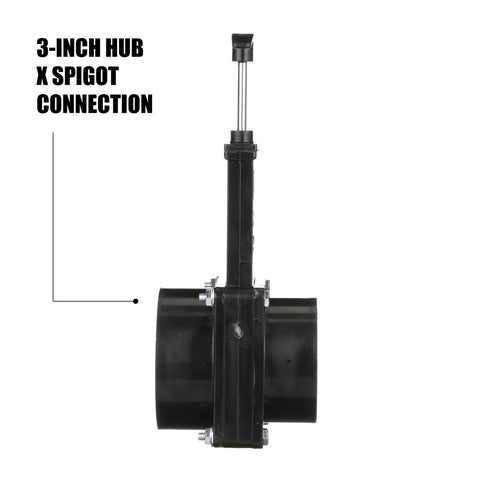 Valterra ABS gate valve, black plastic body, 3-inch hub x spigot connection for RVs