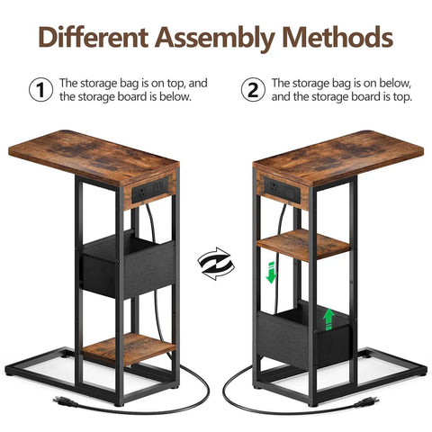 C Shaped End Table With Charging Station For Sofa And Living Room, 3 Layer Side Table With Storage Bag and USB Port options
