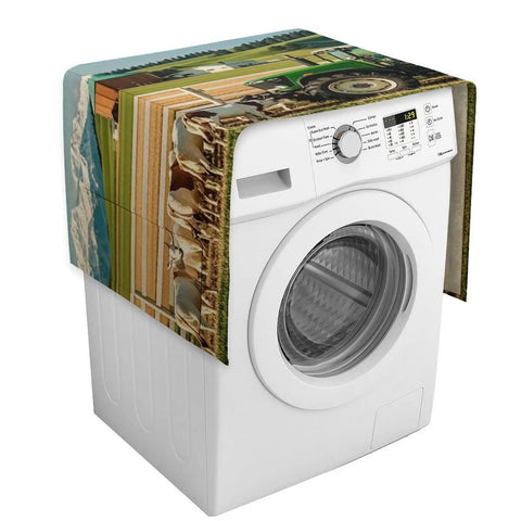 Farmhouse Style Top Load Washer And Dryer Cover With Storage Pockets, Dustproof Linen Cotton Blend Protector Mat Displayed