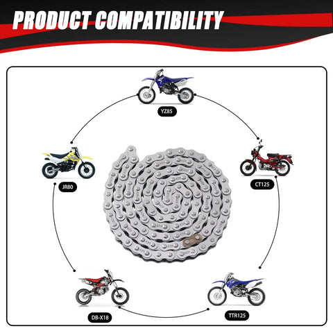 428 Drive Chain 116 Links With Chain Breaker Tool For 110cc 125cc Dirt Bikes ATVs compatibility chart with bike models around chain