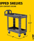 Top Tier Heavy Duty Two Shelf Utility Cart With Durable Structural Foam Lipped Trays And Smooth Glide Handles 500 Lb Capacity at 39" x 18" with wheels.