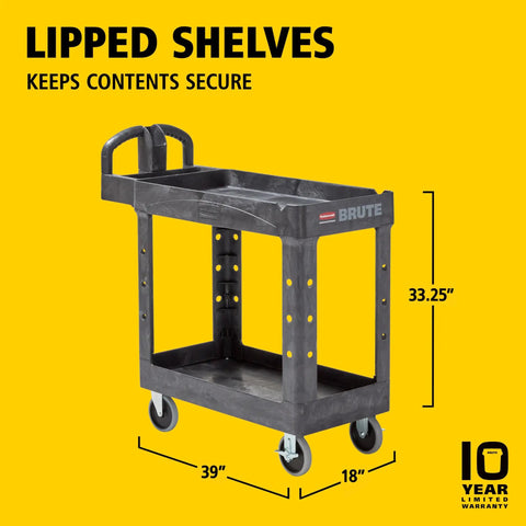 Top Tier Heavy Duty Two Shelf Utility Cart With Durable Structural Foam Lipped Trays And Smooth Glide Handles 500 Lb Capacity at 39" x 18" with wheels.