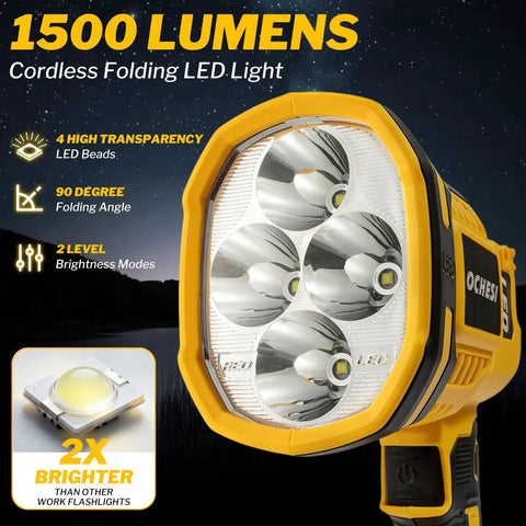 Close-up of Beast Bright Cordless LED Work Light 1500 Lumens 550 Yard Reach Pivoting Head Flashing Mode, 4 LED system visible.