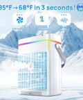 Chill Fast Portable Mini Air Conditioner With 40oz Water Tank Three Fan Speeds Three Cool Mist Modes One To Three Hour Timer Seven LED Lights Perfect For Bedroom Or Office Room, showing cooling effects and features.