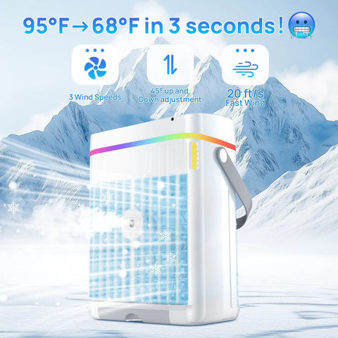 Chill Fast Portable Mini Air Conditioner With 40oz Water Tank Three Fan Speeds Three Cool Mist Modes One To Three Hour Timer Seven LED Lights Perfect For Bedroom Or Office Room, showing cooling effects and features.