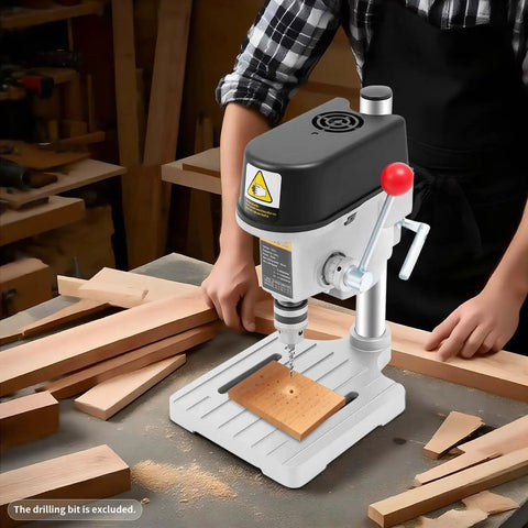 Powerful 340W Benchtop Drill Press With 3 Speed Corded Mini Drill For DIY Metal And Plastic Projects, stable base in workshop.