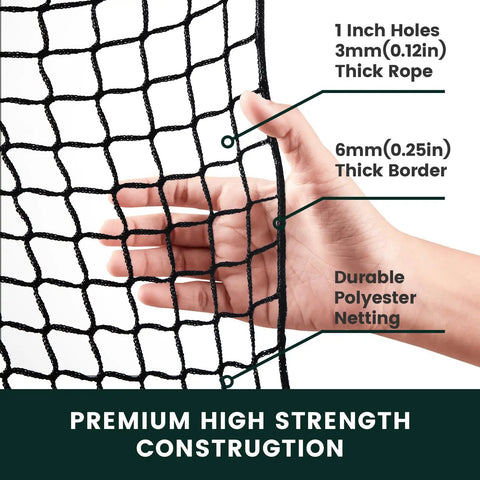 Close-up of Golf Net For Hitting Practice 10 Ft To 50 Ft Adjustable Net With 33 Ft Hanging Rope showing durable polyester and thick border