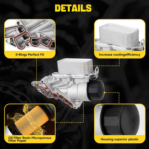 Aluminum Oil Cooler Filter Housing Assembly For Mercedes Benz 2006 2012 Models Details showing O-rings and microfilter paper