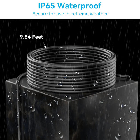 10 Foot Extension Cord For Solar Water Fountain Pump With Waterproof Connector shown coiled and wet demonstrating waterproof feature