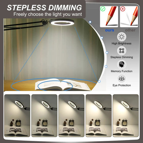 12X 5 Inch Real Glass Magnifying Glass With LED Light And Stand illuminating open book on desk, stepless dimming feature shown
