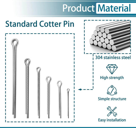 340 Piece Cotter Pin Set In Six Sizes 304 Stainless Steel Split Pins For Automotive And Power Equipment Lawn Mowers Trucks Tractors Engine Repair And General Hardware displayed with material and features.