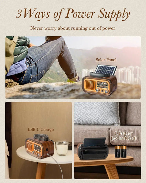 J-150 Portable Radio AM FM SW Bluetooth Speaker With Retro Vintage Transistor Look, showing solar panel, USB-C, D battery options