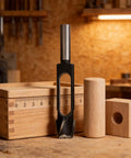 Built Like A Tank 5 Piece Wood Plug Cutter Set Carved From Tough High Carbon Steel Bits displayed with wood plug and box.