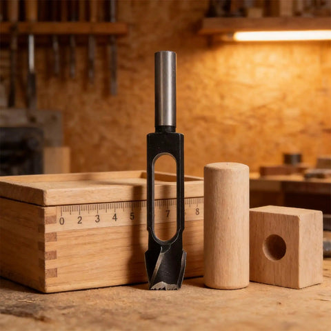 Built Like A Tank 5 Piece Wood Plug Cutter Set Carved From Tough High Carbon Steel Bits displayed with wood plug and box.