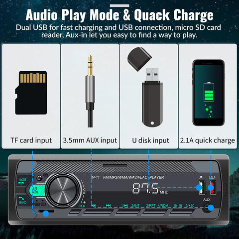 Diagram showing inputs for Single Din Car Stereo Bluetooth 5.0 Multimedia Receiver with Hands Free Calling, Voice Control, App Control.