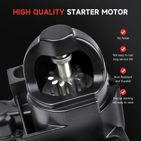 Close-up of a high quality starter motor with text highlights, part of Marine Starter Replacement For 4.3L 5.0L 5.7L 6.2L 7.4L 8.1L 8.2L V6 V8 Engines Fits Various Marine Models Including 863007A1 50-863007A1 30433 30460 ARC30433 6792BN 1,000-Cycle Tested For Reliability