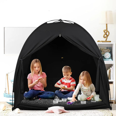 Zero Hassle Snap Together Blackout Tent For Pack And Play with kids playing inside, ideal for creating a dark room environment.
