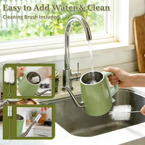 Gooseneck Electric Kettle 0.8L With 1200W Quick Boil, Stainless Steel, Auto Shut Off, Precision Pour Over Kettle For Coffee Nerds And Tea Lovers, Perfect For Small Kitchens, RVs And Travel, Green being filled with water at a kitchen sink with included cleaning brush.