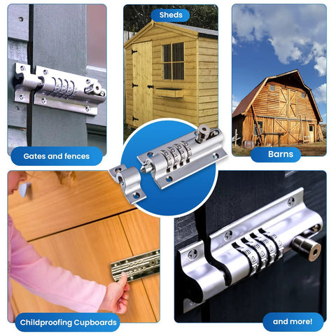CB2000-CHR Sliding Lock Combination Bolt With Keyless Security, Chrome Finish, 4-Dial for gates, sheds, barns, and cupboards