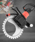 Badass 8900W Brushless Electric Wall Saw With Diamond Blade And Auto Water Cooling For Smooth Concrete Grooving and Rapid Demolition Projects, side view showing detailed blade.